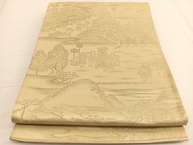 平和屋着物◎六通柄袋帯　人物風景文　金糸　正絹　逸品　BAAW3049hv