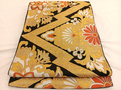 平和屋着物◎六通柄 京袋帯 唐織 更紗飾花文 黒地 金糸 正絹 逸品 BAAW3090hv
