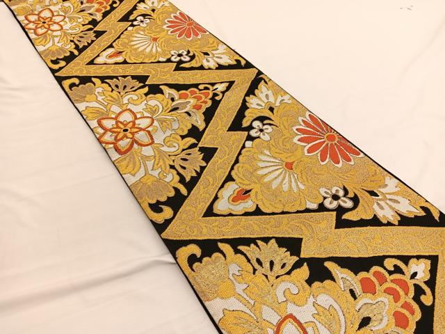 平和屋着物◎六通柄 京袋帯 唐織 更紗飾花文 黒地 金糸 正絹 逸品 BAAW3090hv