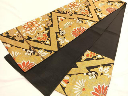 平和屋着物◎六通柄 京袋帯 唐織 更紗飾花文 黒地 金糸 正絹 逸品 BAAW3090hv