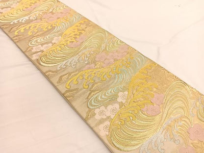 平和屋着物◎六通柄袋帯　立波楓梅文　金銀糸　正絹　逸品　BAAW3102hv
