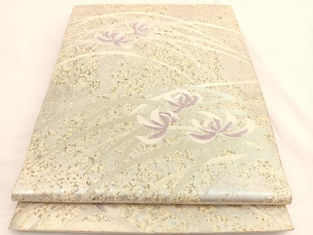 平和屋着物◎西陣　服部織物謹製　六通柄袋帯　こはく錦　草花文　銀糸　正絹　逸品　BAAW3113hv