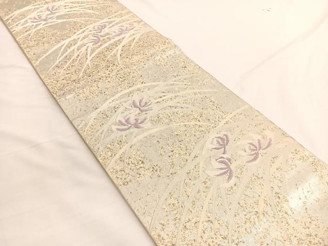 平和屋着物◎西陣　服部織物謹製　六通柄袋帯　こはく錦　草花文　銀糸　正絹　逸品　BAAW3113hv