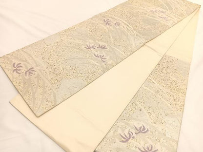 平和屋着物◎西陣　服部織物謹製　六通柄袋帯　こはく錦　草花文　銀糸　正絹　逸品　BAAW3113hv