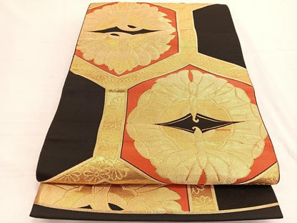 平和屋着物◎六通柄袋帯 双鶴亀甲向かい蝶 黒地 金糸 正絹 逸品 BAAW3114hv