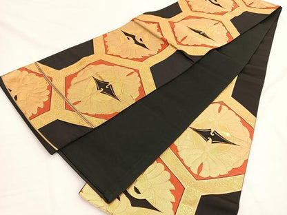 平和屋着物◎六通柄袋帯 双鶴亀甲向かい蝶 黒地 金糸 正絹 逸品 BAAW3114hv