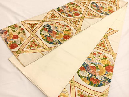 平和屋着物◎六通柄袋帯　唐織　流水鴛鴦花文　金銀糸　正絹　逸品　BAAW3122hv