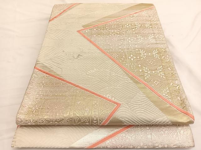 平和屋着物◎六通柄袋帯　唐織　立波色紙飾花文　銀糸　正絹　逸品　BAAW3131hv