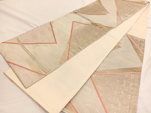 平和屋着物◎六通柄袋帯　唐織　立波色紙飾花文　銀糸　正絹　逸品　BAAW3131hv