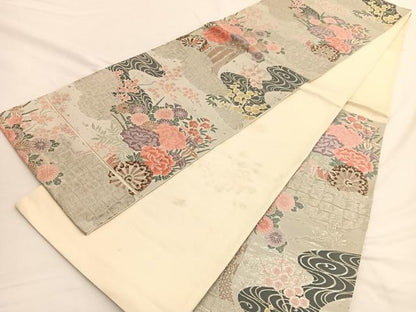 平和屋着物◎六通柄袋帯 唐織 九百錦 桃山調花車文 プラチナ箔 正絹 逸品 BAAW3151hv