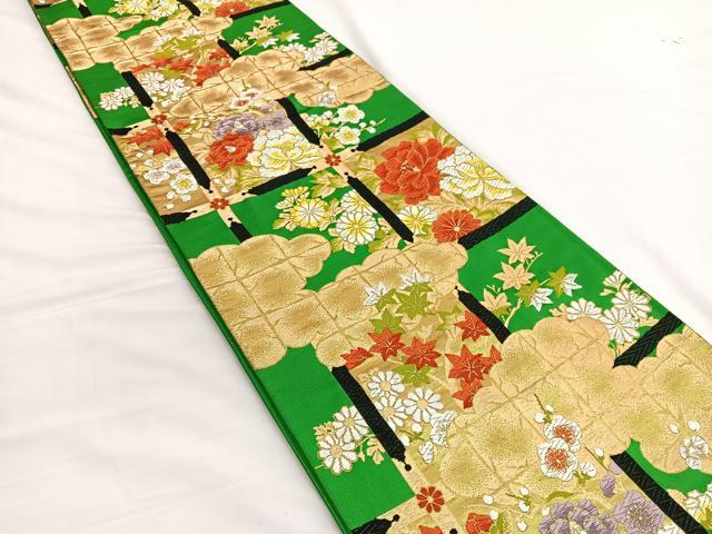 平和屋着物◎六通柄袋帯　唐織　雲取り格子花文　金糸　正絹　逸品　BAAW3155hv