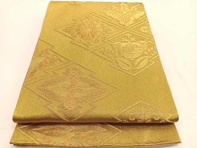 平和屋着物◎六通柄袋帯 松皮菱双鶴花文 金糸 正絹 逸品 未使用 BAAW3222hv