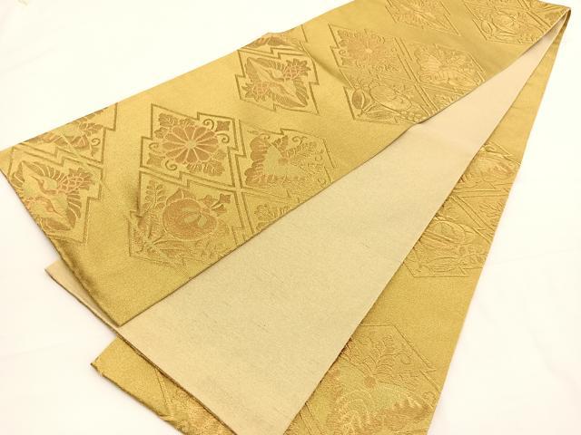 平和屋着物◎六通柄袋帯 松皮菱双鶴花文 金糸 正絹 逸品 未使用 BAAW3222hv