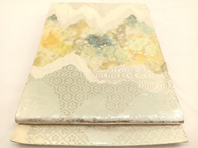 平和屋着物◎六通柄袋帯　流水菊文　金銀糸　正絹　逸品　BAAW3245hv