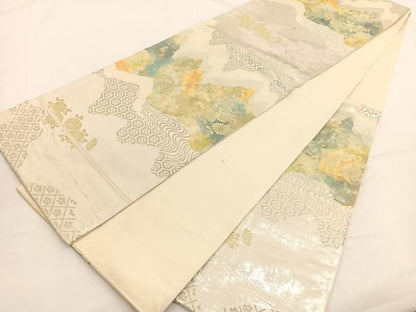 平和屋着物◎六通柄袋帯　流水菊文　金銀糸　正絹　逸品　BAAW3245hv