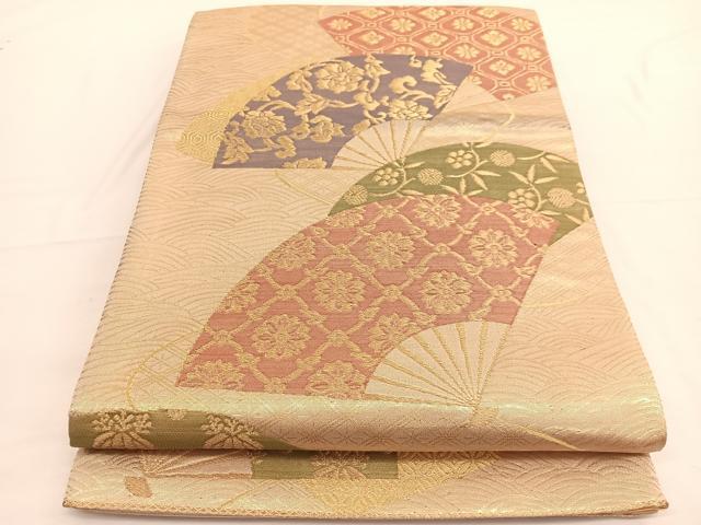 平和屋着物◎六通柄袋帯 扇面有職花文 金糸 正絹 逸品 BAAW3249hv