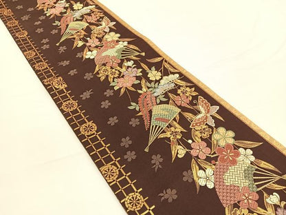 平和屋着物◎両面　六通柄袋帯　扇面花蝶文　金糸　正絹　逸品　BAAW3254hv