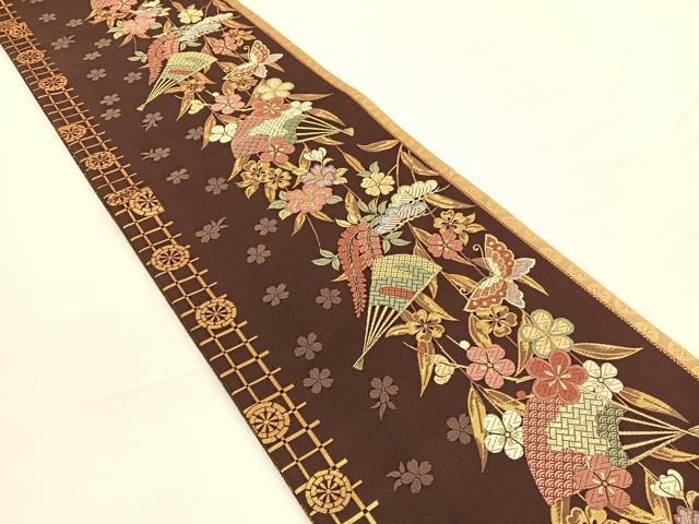 平和屋着物◎両面　六通柄袋帯　扇面花蝶文　金糸　正絹　逸品　BAAW3254hv