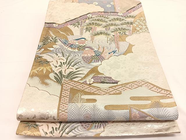 平和屋着物◎六通柄袋帯　唐織　日本屏風絵　山水四季花鳥図　伝雪舟　金銀糸　正絹　逸品　BAAW3255hv