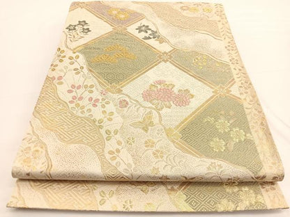 平和屋着物◎六通柄袋帯　唐織　菱天井道長花蝶文　金糸　正絹　逸品　BAAW3259hv