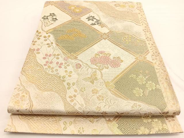 平和屋着物◎六通柄袋帯　唐織　菱天井道長花蝶文　金糸　正絹　逸品　BAAW3259hv