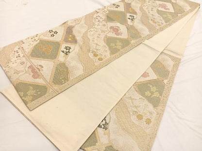 平和屋着物◎六通柄袋帯　唐織　菱天井道長花蝶文　金糸　正絹　逸品　BAAW3259hv