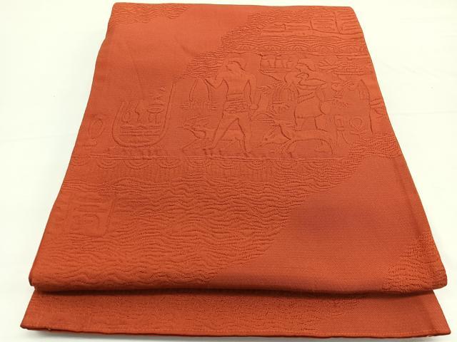 平和屋着物◎六通柄袋帯　ふくれ織　エジプト壁画文様　緋色　正絹　逸品　BAAW3283hv