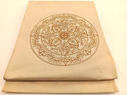 平和屋着物◎太鼓柄袋帯　総駒刺繍　花鳥丸文　金糸　引箔　正絹　逸品　BAAW3285hv