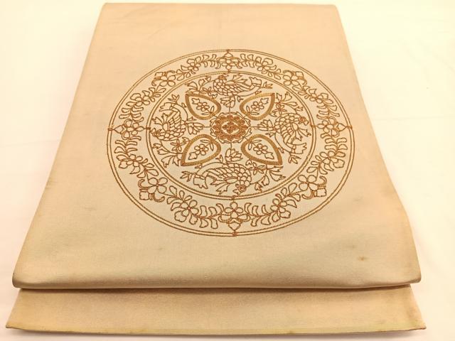 平和屋着物◎太鼓柄袋帯　総駒刺繍　花鳥丸文　金糸　引箔　正絹　逸品　BAAW3285hv