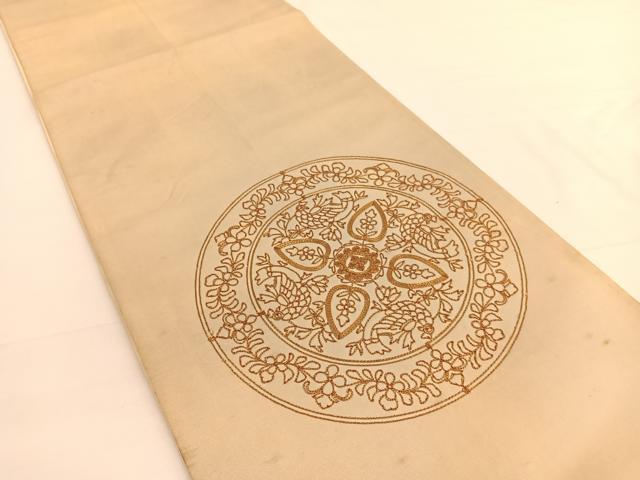 平和屋着物◎太鼓柄袋帯　総駒刺繍　花鳥丸文　金糸　引箔　正絹　逸品　BAAW3285hv