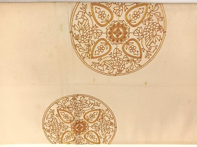 平和屋着物◎太鼓柄袋帯　総駒刺繍　花鳥丸文　金糸　引箔　正絹　逸品　BAAW3285hv
