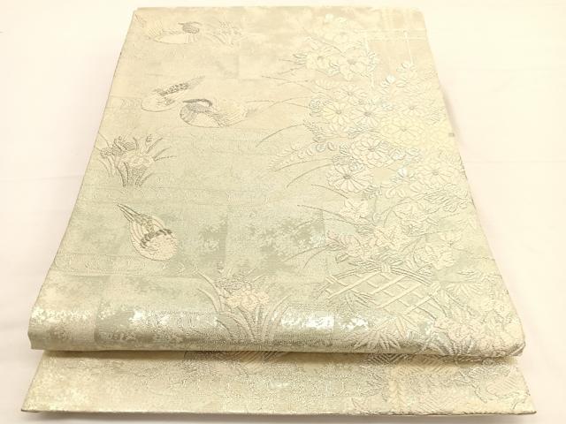 平和屋着物◎六通柄袋帯　唐織　鴛鴦籬花文　銀糸　正絹　逸品　BAAW3286hv