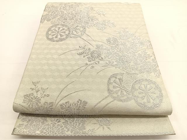 平和屋着物◎六通柄袋帯　花車文　銀糸　正絹　逸品　BAAW3289hv