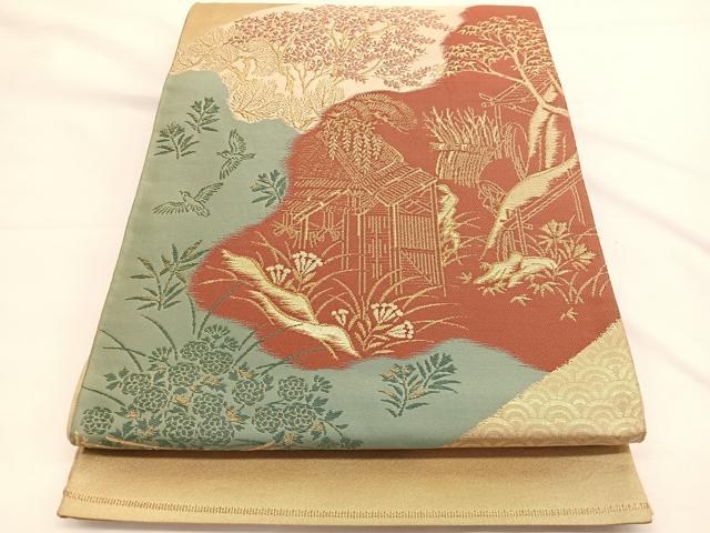 平和屋着物◎六通柄袋帯　風景文　金糸　正絹　逸品　BAAW3294hv