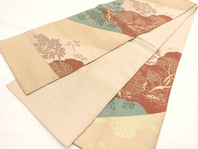 平和屋着物◎六通柄袋帯　風景文　金糸　正絹　逸品　BAAW3294hv