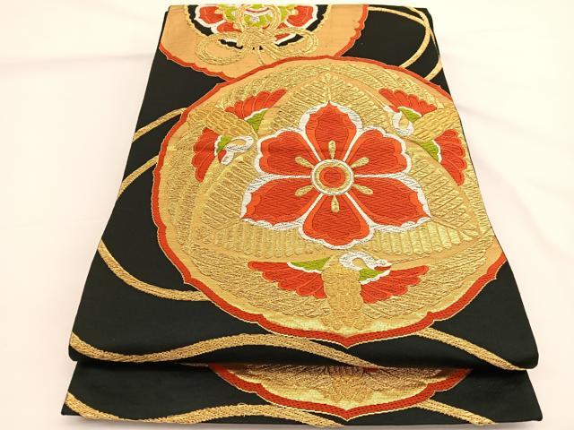 平和屋着物◎六通柄袋帯 唐織 鏡裏飛鶴花文 黒地 金銀糸 正絹 逸品 BAAW3298hv