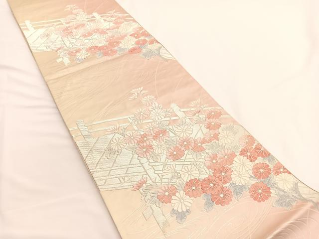 平和屋着物◎六通柄袋帯　唐織　流水渡橋菊文　銀糸　正絹　逸品　BAAW3308hv