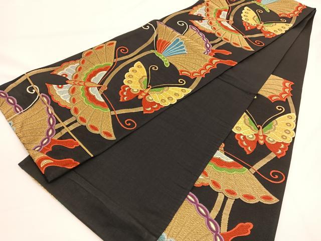平和屋着物◎六通柄袋帯 立波舞蝶文 黒地 金糸 正絹 逸品 BAAW3319hv