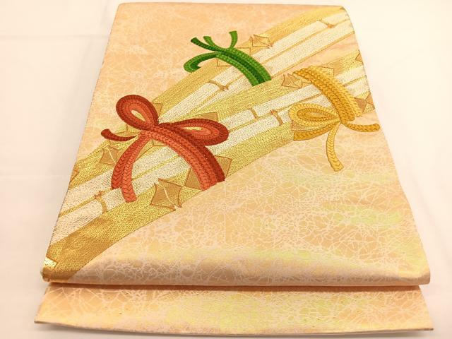 平和屋着物◎太鼓柄袋帯 駒刺繍 束ね竹文 金糸 引箔 正絹 逸品 BAAW3320hv