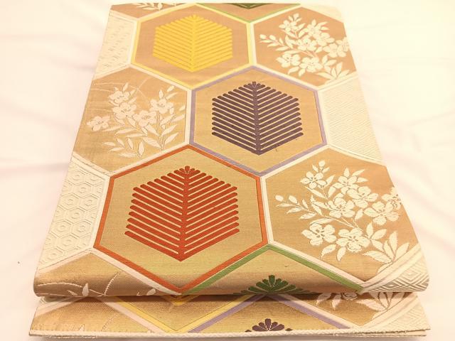 平和屋着物◎六通柄袋帯 唐織 亀甲花文 金糸 正絹 逸品 BAAW3326hv
