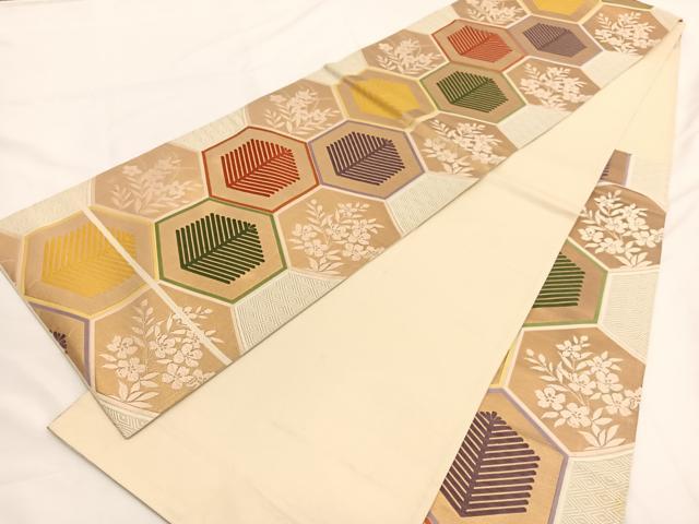平和屋着物◎六通柄袋帯 唐織 亀甲花文 金糸 正絹 逸品 BAAW3326hv