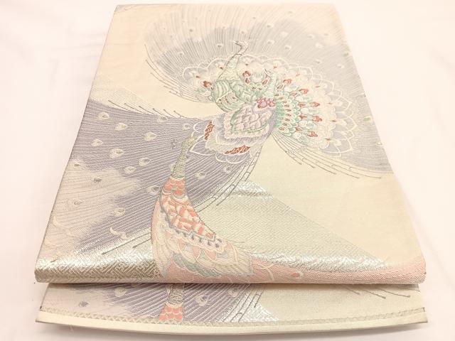 平和屋着物◎六通柄袋帯 唐織 孔雀 銀糸 正絹 逸品 BAAW3327hv