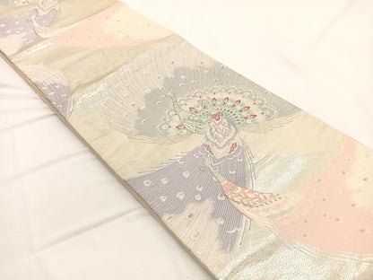 平和屋着物◎六通柄袋帯 唐織 孔雀 銀糸 正絹 逸品 BAAW3327hv