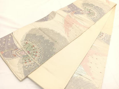 平和屋着物◎六通柄袋帯 唐織 孔雀 銀糸 正絹 逸品 BAAW3327hv