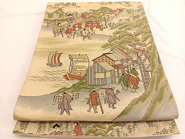 平和屋着物◎六通柄袋帯　唐織　人物風景文　金糸　正絹　逸品　BAAW3346hv