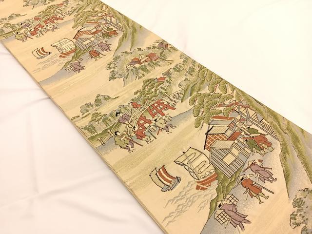 平和屋着物◎六通柄袋帯　唐織　人物風景文　金糸　正絹　逸品　BAAW3346hv
