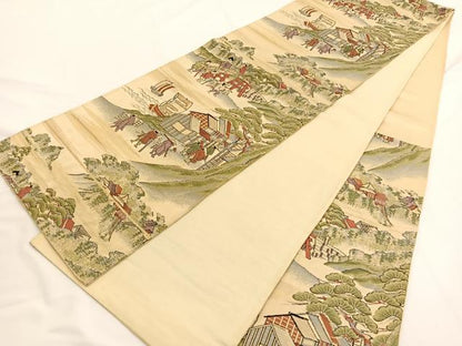 平和屋着物◎六通柄袋帯　唐織　人物風景文　金糸　正絹　逸品　BAAW3346hv