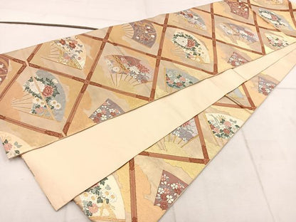 平和屋着物◎六通柄袋帯　唐織　扇面花文　金糸　正絹　逸品　BAAW3401mz