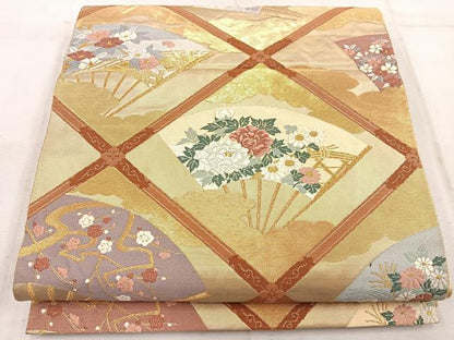 平和屋着物◎六通柄袋帯　唐織　扇面花文　金糸　正絹　逸品　BAAW3401mz