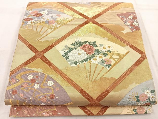 平和屋着物◎六通柄袋帯　唐織　扇面花文　金糸　正絹　逸品　BAAW3401mz